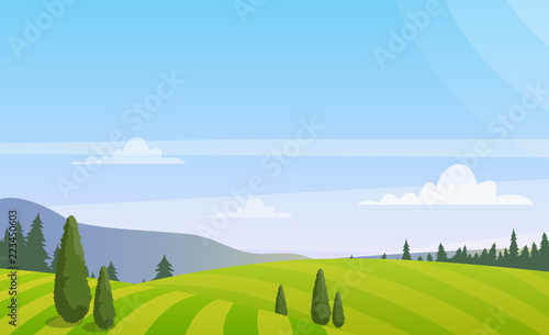 Vector illustration of beautiful rural landscape with trees on the field, colorful summer countryside landscape in flat style.