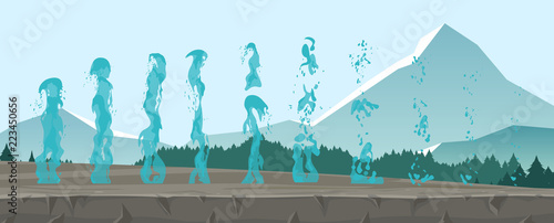 Vector illustration set of geysers, frozen streams and splashes of water isolated on mountains background in flat style.