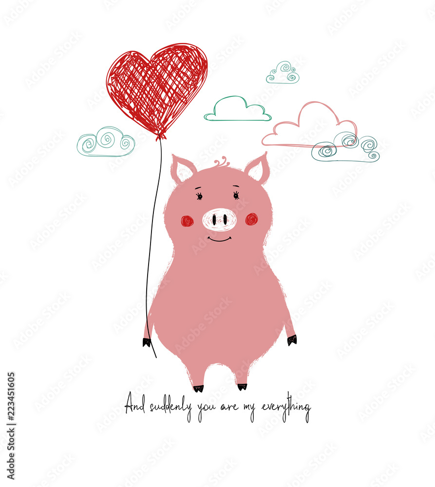 Obraz premium Lovely Piggy Holding Heart Balloon.