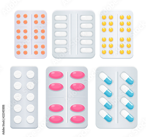 Vector illustration of medicine painkiller pills different types and colors, antibiotics drugs and vitamins collection.
