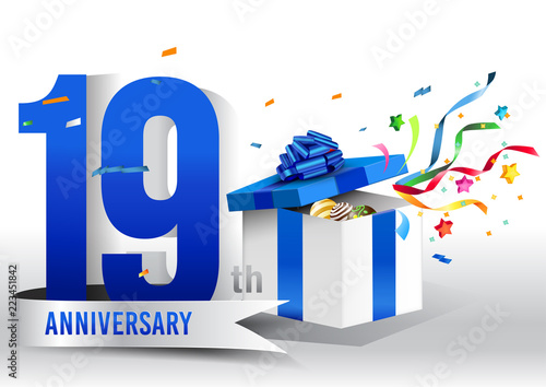 19 years anniversary background with ribbon, confetti and gift on white. Poster or brochure template. Vector illustration.