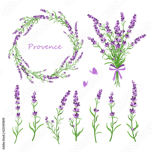 Vector illustration set of lavender flowers, bouquet, wreath and elements of design for greeting card on white background in retro flat style, provence concept.