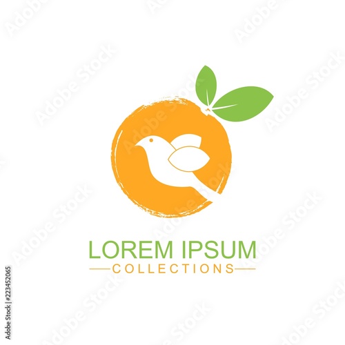 Orange fruit logo design template and emblem made with bird and - natural badge for cosmetics