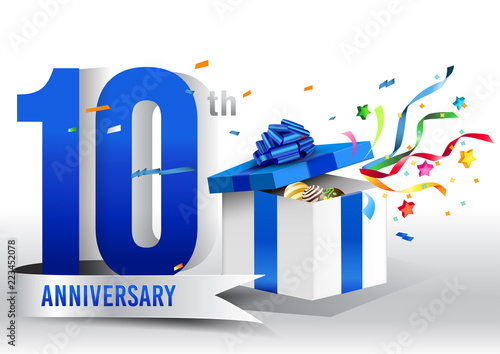 10 years anniversary background with ribbon, confetti and gift on white. Poster or brochure template. Vector illustration.