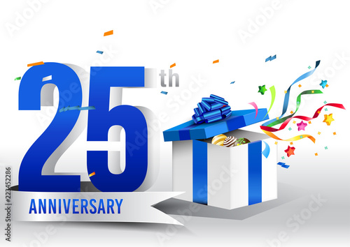 25 years anniversary background with ribbon, confetti and gift on white. Poster or brochure template. Vector illustration.
