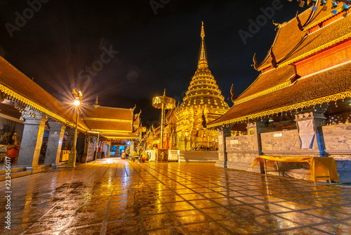 Wat Phra That Doi Suthep and reflection on wall. The most famous landmark temple in Chiang Mai, Thailand