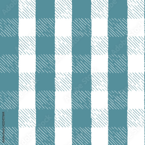 Seamless Vector Hand Drawn Inky Sketch Turquoise and White Gingham Picnic Pattern.
