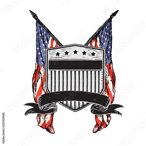 Isolated Vector Double American Flags behind Distressed Rustic Shield with Stars & Stripes and Banner.