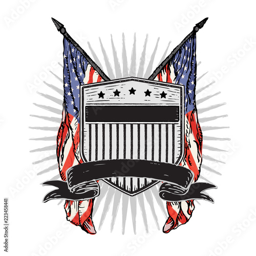 Vector Double American Flags behind Distressed Rustic Shield with Stars & Stripes and Banner.
