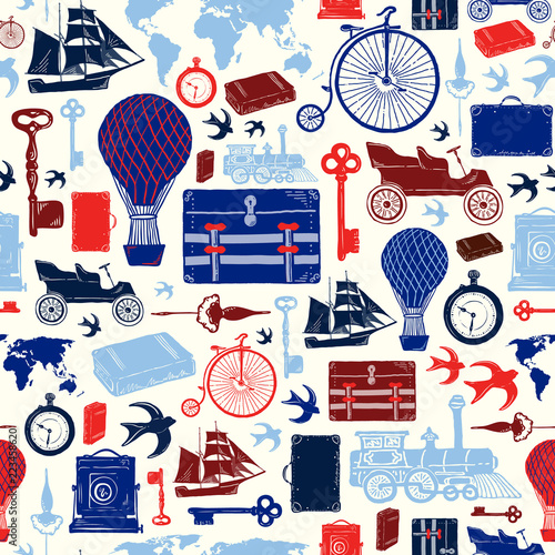 Seamless Vector Vintage Victorian Adventure Travel Pattern: Vehicles, Camera, Trunk, Maps, Keys