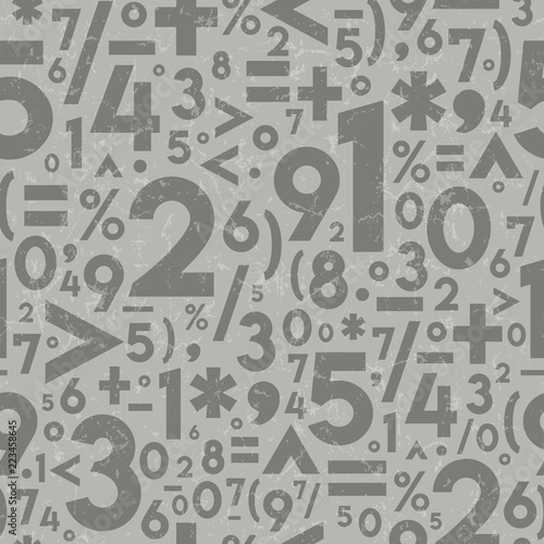 Seamless Vector Textured Math Operation Symbols and Numbers in Light and Dark Warm Gray.
