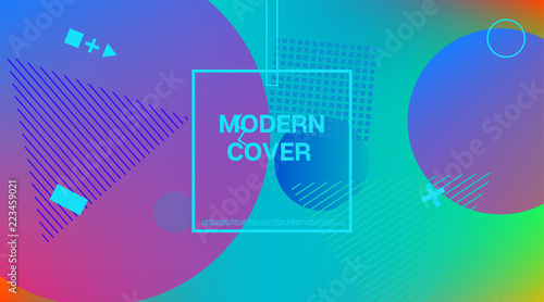 Memphis Minimal Cover Horizontal Vector Template. Neon Gradient Overlay, Small Space Particles Background. Geometric Memphis Design Elements, Horizontal Music Poster. Vintage Elemets Business Design.