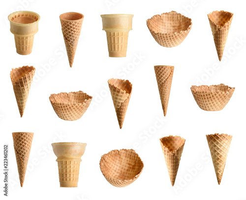 Collection of empty ice cream cone isolated on white background photo