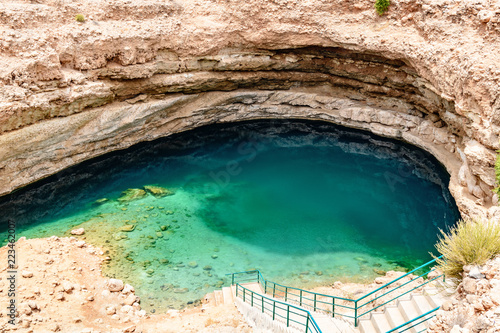 Bimmah Sinkhole in eastern Muscat Governorate, Oman. It is 50 m by 70 m wide and approximately 20 m deep.