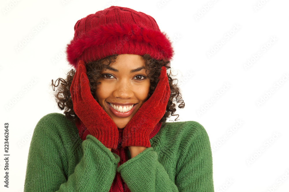 Close up portrait of joyful young woman wearing winter clothing on white Close up portrait of joyful young woman wearing winter clothing on white
