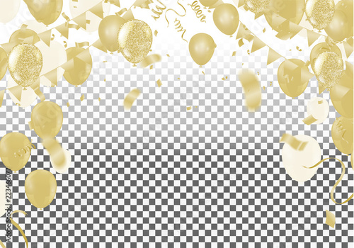 Celebration background template with confetti ribbons illustration. Happy day background with colorful balloons and confetti, illustration.Celebrate brochure or flyer .Happy New Year