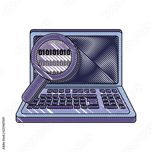 grated laptop technology with magnifying glass and data code