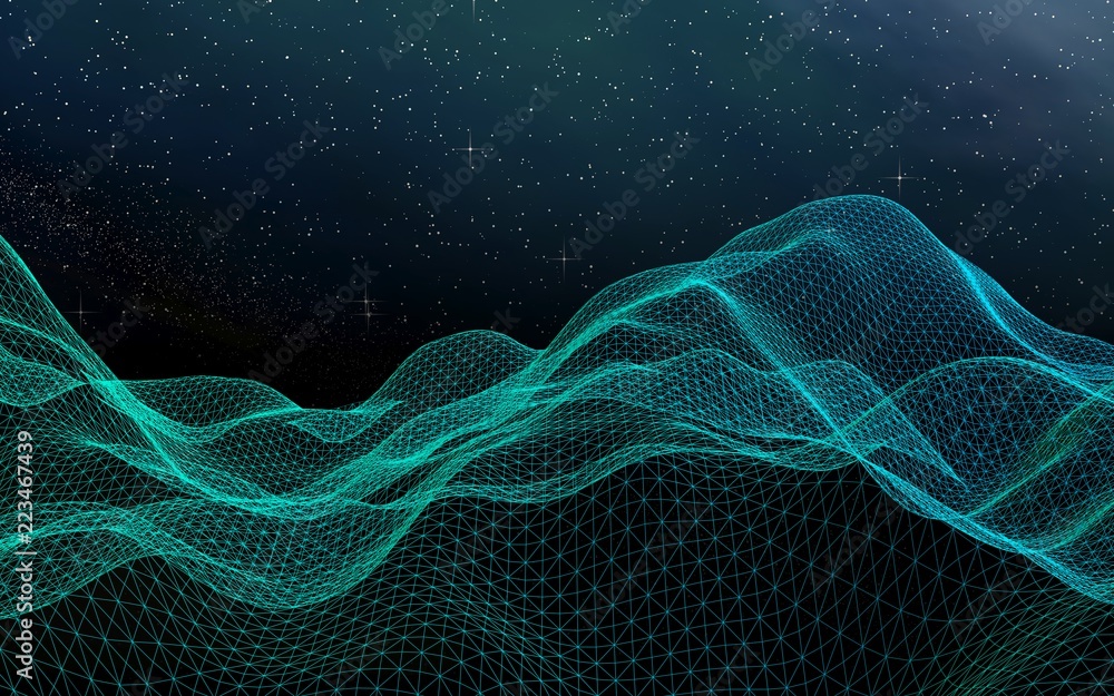 Abstract landscape on a dark background. Star horizon. Cyberspace grid. Hi-tech network. Outer space. Starry outer space texture. 3D illustration Abstract landscape on a dark background. Star horizon. Cyberspace grid. Hi-tech network. Outer space. Starry outer space texture. 3D illustration
