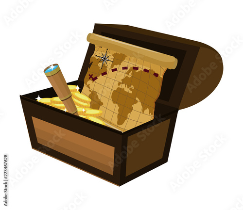 wooden chest with global map and monocular