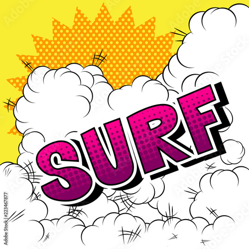 Surf - Comic book style word on abstract background.