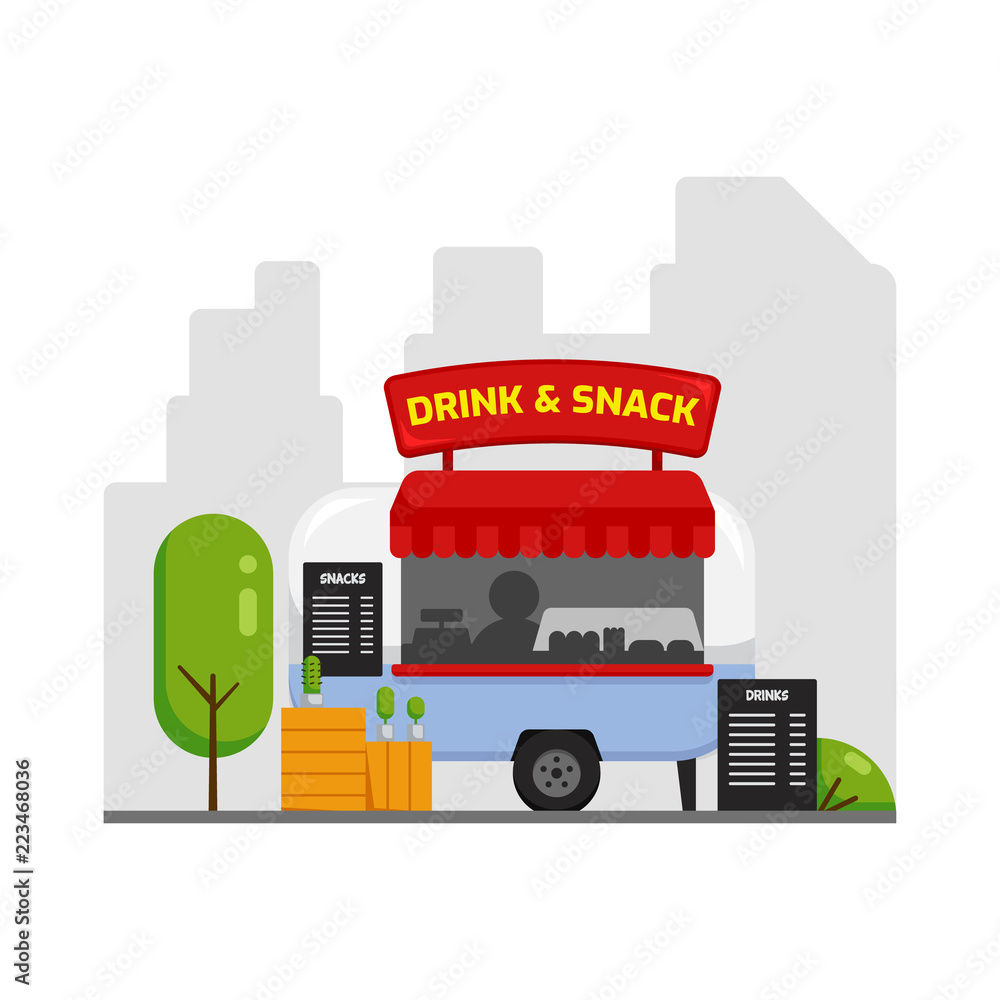 Small food snack drink truck flat simple vector illustration with city silhouette background