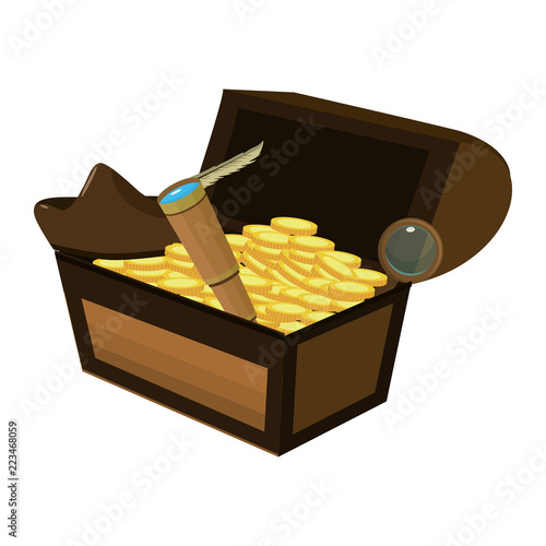 wooden chest with gold coins and monocular