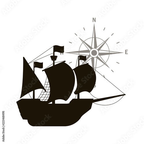 ship with sails with north star compass
