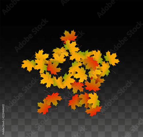 September Vector Background with Golden Falling Leaves. Autumn Illustration with Maple Red, Orange, Yellow Foliage. Isolated Leaf on Transparent Background. Bright Swirl. Suitable for Posters.