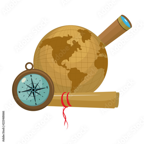 circle global map with compass and monocular