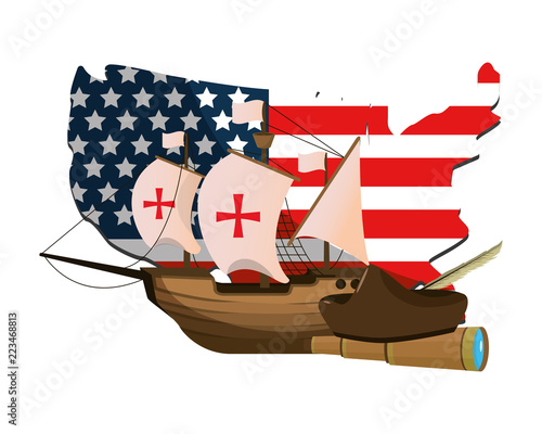 usa flag map with ship and monocular