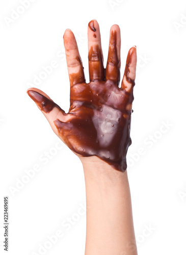 Hand show dirty with chocolate isolated On White Background photo