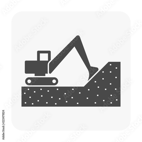 Excavator or backhoe vector icon. Heavy machine equipment or digger vehicle consist of hydraulic, crawler, bucket or shovel for soil dig, clearing and demolition in building construction site, mining.