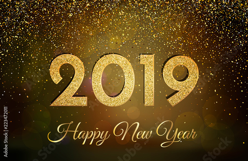 2019 Happy New Year. New Year 2019 greeting card. Background with golden numbers and glitter.