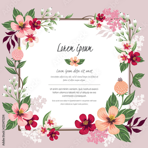  Vector illustration of a floral frame in spring for Wedding, anniversary, birthday and party. Design for banner, poster, card, invitation and scrapbook 	