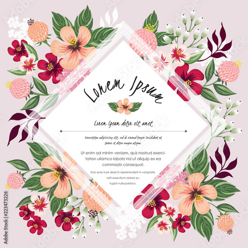  Vector illustration of a floral frame in spring for Wedding, anniversary, birthday and party. Design for banner, poster, card, invitation and scrapbook 	