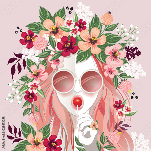 Vector illustration of a sunglasses girl with floral headdress in spring for Wedding, anniversary, birthday party. Design for banner, poster, card, invitation and scrapbook				
