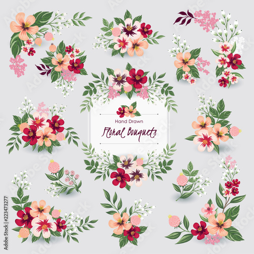 Vector illustration of floral bouquets collection. A set of beautiful flowers and branches for for Wedding, anniversary, birthday and party. Design for banner, poster, card, invitation and scrapbook 