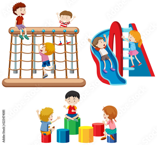Set of children playing with playground equipment