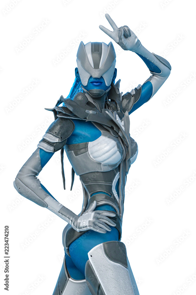 blue alien female on white background