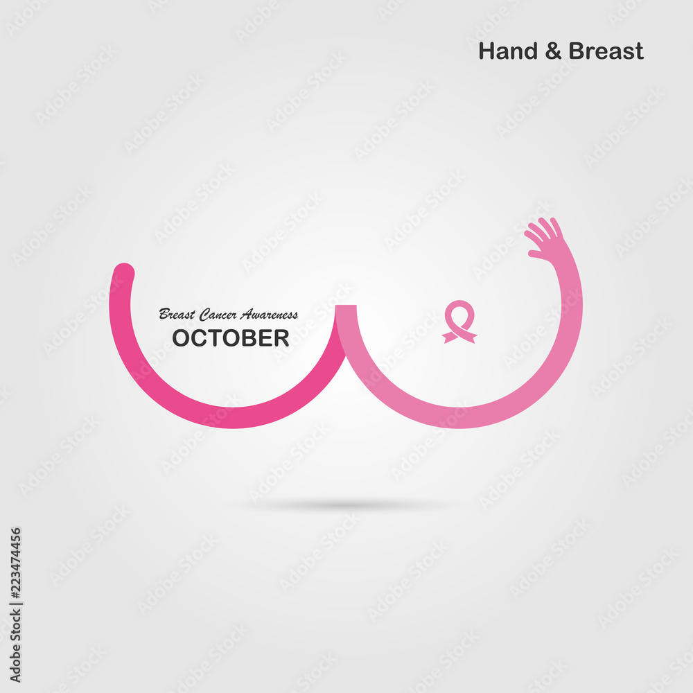 Obraz premium Hand shape & Breast icon.Breast Cancer October Awareness Month Campaign banner.Women health concept.Breast cancer awareness month logo design.Realistic pink ribbon.Pink care logo.Vector illustration