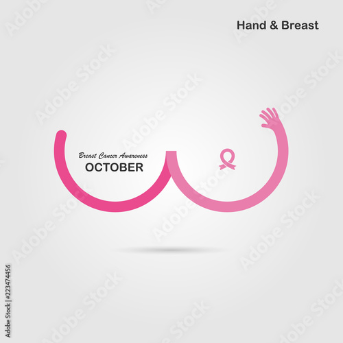 Hand shape & Breast icon.Breast Cancer October Awareness Month Campaign banner.Women health concept.Breast cancer awareness month logo design.Realistic pink ribbon.Pink care logo.Vector illustration