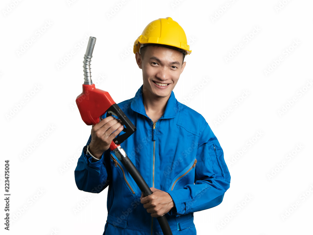 Asian Thai person holding Fuel Oil Nozzle for Oil System Gasohol 91. Asian Thai person holding Fuel Oil Nozzle for Oil System Gasohol 91.