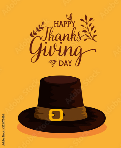 happy thanks giving card with pilgrims hat