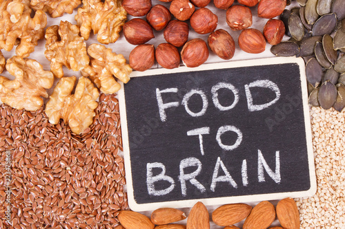 Inscription food to brain with healthy eating as source vitamin and minerals, food for good memory concept