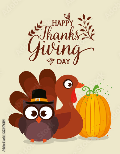 thanks giving card with turkey and owl