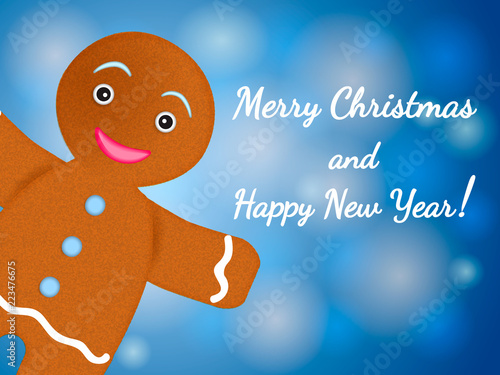 Cartoon gingerbread man looks out. Inscription Wishing you a Merry Christmas and Happy New Year. Vector illustration