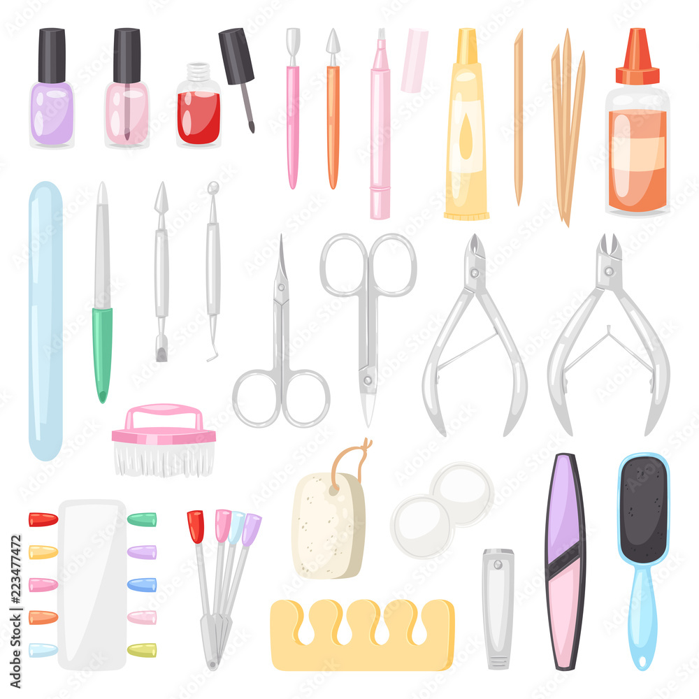 Manicure vector pedicure and manicuring accessory or tools nail-file or scissors of manicurist in nail-bar illustration set of fingernails polish for manicured hands isolated on white background Manicure vector pedicure and manicuring accessory or tools nail-file or scissors of manicurist in nail-bar illustration set of fingernails polish for manicured hands isolated on white background