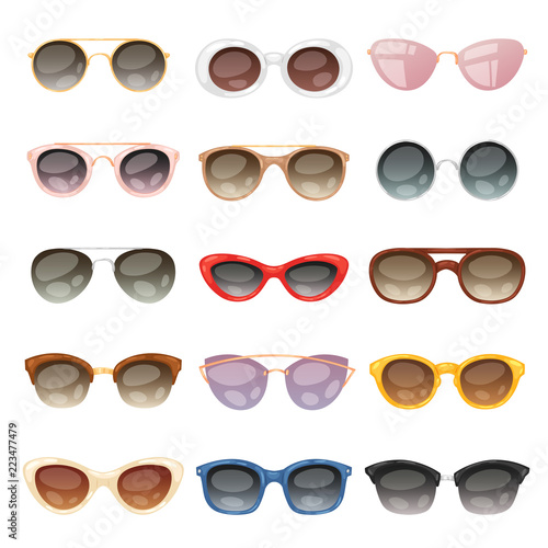 Sunglasses vector cartoon eyeglasses or sun glasses in stylish shapes for party and fashion optical spectacles set of eyesight view accessories illustration isolated on white background
