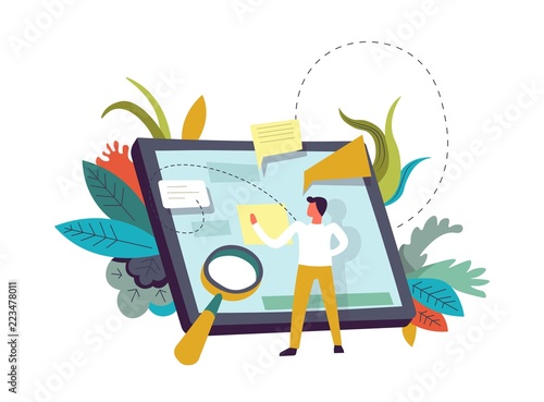 Tablet with memos, person and magnifying glass vector