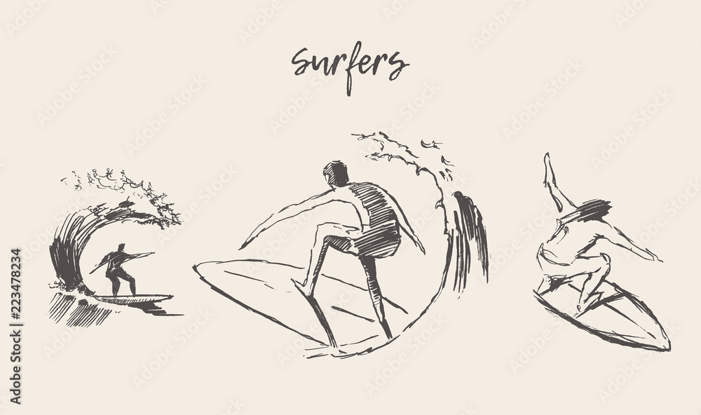 Collection sketches surfers hand drawn vector surf - obrazy, fototapety, plakaty 